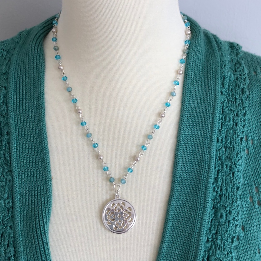 Chaps silver and blue crystal beaded pendant